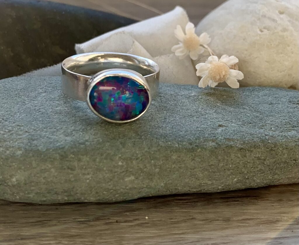 Recycled silver handmade chunky opal ring