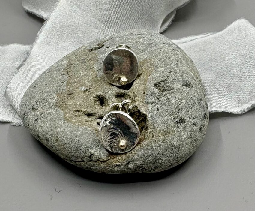 recycled silver organic circle stud earrings with gold detail and unique texture