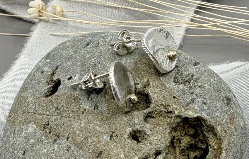 recycled silver and gold circle stud earrings with unique organic texture